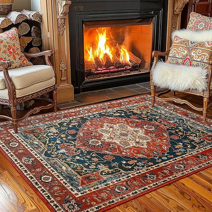YJ.GWL Area Rugs for Living Room 3x5 Machine Washable Rugs for Bedroom, Non Slip Floral Vintage Rug Indoor Carpet, Small Floor Throw Rug for Dining Room Kitchen, Orange-Red