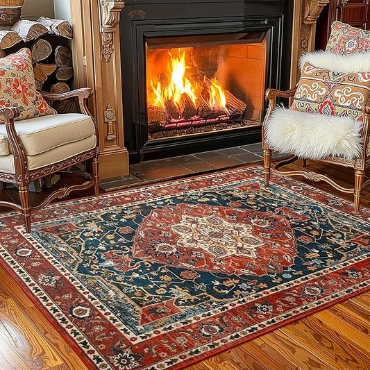 YJ.GWL Area Rugs for Living Room 3x5 Machine Washable Rugs for Bedroom, Non Slip Floral Vintage Rug Indoor Carpet, Small Floor Throw Rug for Dining Room Kitchen, Orange-Red
