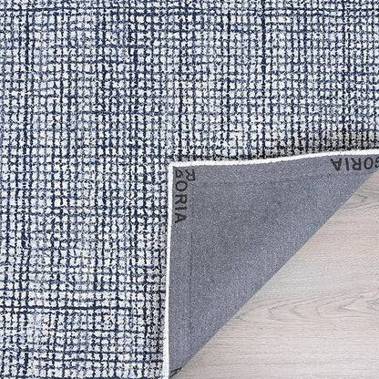 Hand-Tufted 100% Wool Pile Area Rug – Geometric Textured Grid Check Pattern – Thick and Durable Floor Carpet for Bedroom, Living Room, Kids Room, and Dining Area (Navy Blue, 2.6' x 8')