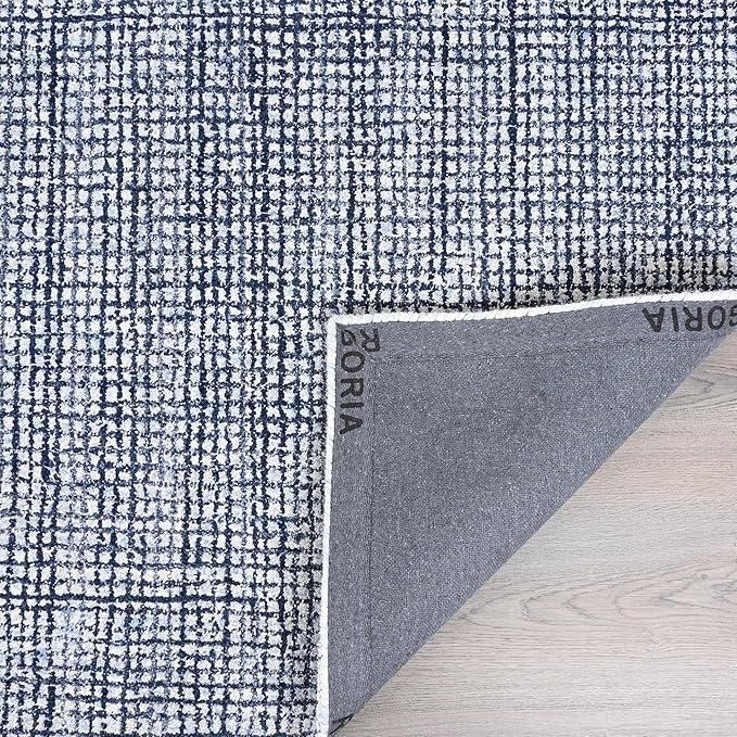 Hand-Tufted 100% Wool Pile Area Rug – Geometric Textured Grid Check Pattern – Thick and Durable Floor Carpet for Bedroom, Living Room, Kids Room, and Dining Area (Navy Blue, 8' Round)