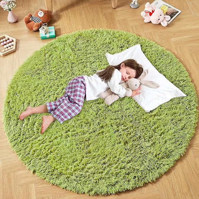 Andency Grass Green Round Area Rug 5x5 for Bedroom, Fluffy Shag Circle Rug for Room, Faux Fur Carpet for Home Decor, Fuzzy Plush Circular Rug for Living Room, Playroom