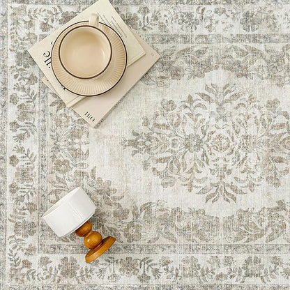 6x9 Area Rug Beige Washable Vintage Distressed Living Room Carpet Large Bedroom Indoor Medallion Floral Non Slip Retro Throw Floor Mat for Office Dining Room Kitchen Bathroom