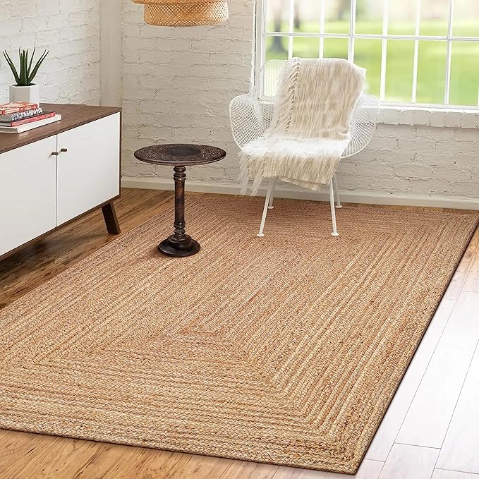 Hand Woven Farmhouse Jute Area Rug 5x8 Ft Rectuangler Natural Yarn, Rustic Vintage Beige Braided Reversible Rug, Eco Friendly Rugs for Bedroom, Kitchen, Living Room, Farmhouse 100% Jute Rug - Natural