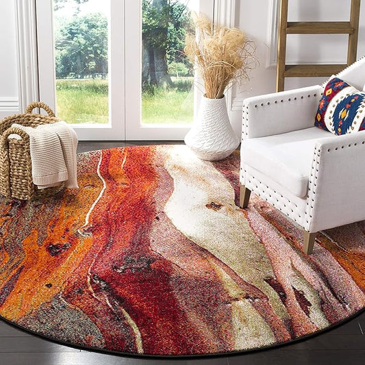 SAFAVIEH Glacier Collection Area Rug - 7'8" Round, Red & Multi, Modern Abstract Design, Non-Shedding & Easy Care, Ideal for High Traffic Areas in Living Room, Bedroom (GLA126A)