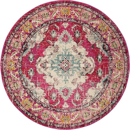 SAFAVIEH Monaco Collection 8' Round PinkMulti MNC243D Boho Chic Medallion Distressed Non-Shedding Living Room Dining Bedroom Foyer Area Rug