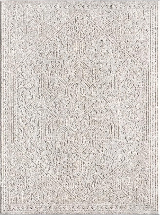 Well Woven Harlow Collection Cloud Medallion Ivory - Modern Tribal Minimalist 2x3 (2'3" x 3'11") Accent Mat Rug - Ideal for Entryway & Kitchen - Durable, Stain Resistant & Easy to Clean