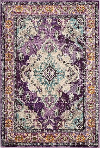 SAFAVIEH Monaco Collection Accent Rug - 4' x 5'7", Violet & Light Blue, Medallion Distressed Design, Non-Shedding & Easy Care, Ideal for High Traffic Areas in Entryway, Living Room, Bedroom (MNC243L)