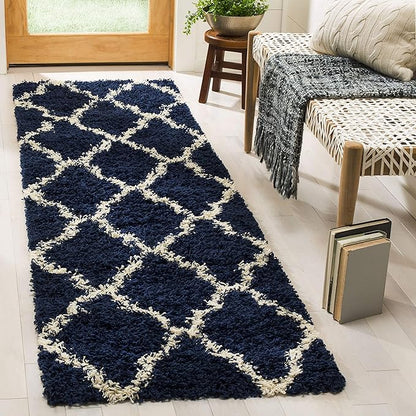 SAFAVIEH Dallas Shag Collection Runner Rug - 2'3" x 8', Navy & Ivory, Trellis Design, Non-Shedding & Easy Care, 1.5-inch Thick Ideal for High Traffic Areas in Living Room, Bedroom (SGD257N)