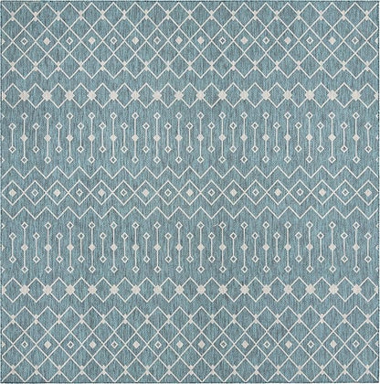 Unique Loom Outdoor Trellis Collection Area Rug - Tribal Trellis (10' 8" Square, Teal/ Ivory)