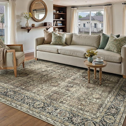 Vintage Area Rug 6x9 Brown Washable Living Room Large Carpet Non Slip Bedroom Indoor Office Low Pile Traditional Distressed Retro Accent Rug for Dining Room Kitchen