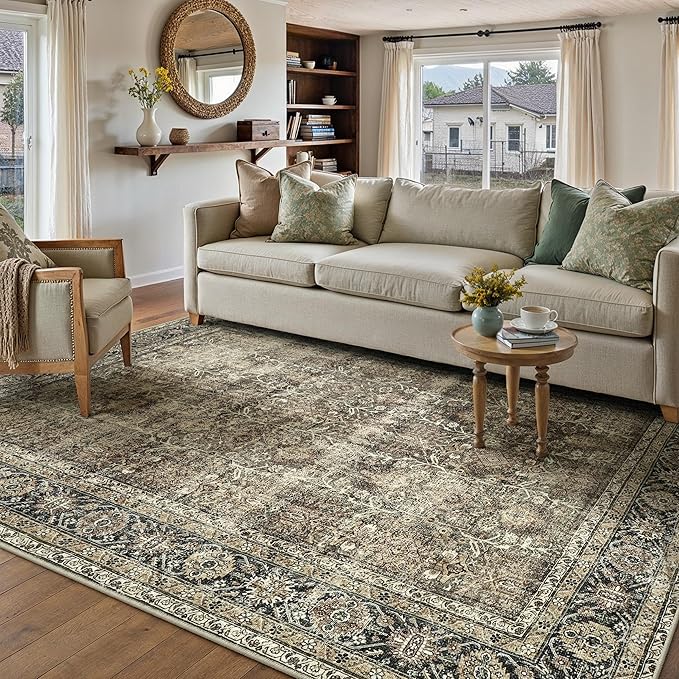 Vintage Area Rug 10x14 Brown Washable Living Room Large Carpet Non Slip Bedroom Indoor Office Low Pile Traditional Distressed Retro Accent Rug for Dining Room