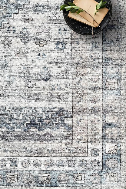 Fame Living Faded Oushak Rug, Turkish Vintage Floral Pastel Large Oversized Area Rugs for Living Room Dining Bedroom Kitchen Bathroom Nursery (848CrNv, 2' x 3')