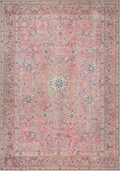 GLN Rugs Traditional Collection - Machine Washable Area Rug, Traditional Washable, Non Slip, Low Pile Chenille Rug, Living Room, Bedroom, Kitchen Rug (6' x 9' Pink/Cream)