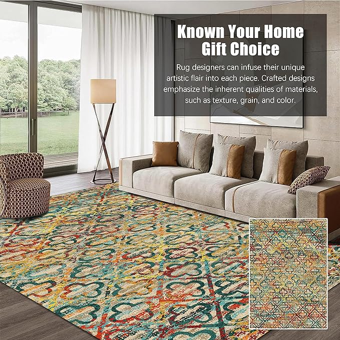 RUGSURE Washable Area Rugs, 6' x 9' - 1/6 Thick - Stain & Water Resistant Non-Slip - Perfect Resistant Rug for Living Room, Bedroom, Nursery, Pet & Child Friendly, Vibrant Colors Rugs, Multicolor