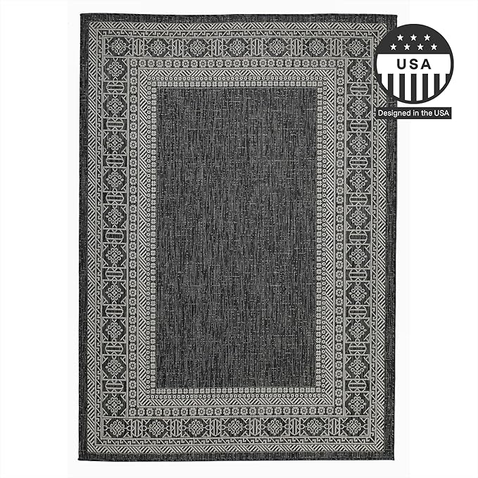 FH Home Flat Woven Outdoor Rug - Waterproof, Easy to Clean, Stain Resistant - Premium Polypropylene Yarn - Bordered Moroccan - Patio, Porch, Deck, Balcony - Accra - Charcoal - 5ft 2in x 7ft 6in