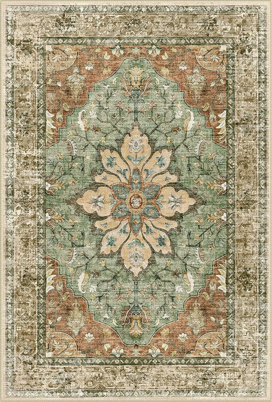 Area Rugs 3'x9' Washable Non-Slip, Floral Vintage Distress Print Pattern Medallion Carpet for Living Room Bedroom Dining Room, Brick Red Rust Neutral Brown Burnt Orange Green