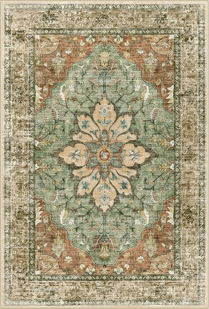 Area Rugs 2'x7' Washable Non-Slip, Floral Vintage Distress Print Pattern Medallion Carpet for Living Room Bedroom Dining Room, Brick Red Rust Neutral Brown Burnt Orange Green