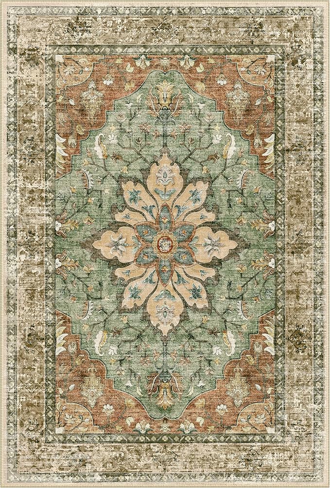Area Rugs 2'6''x14' Washable Non-Slip, Floral Vintage Distress Print Pattern Medallion Carpet for Living Room Bedroom Dining Room, Brick Red Rust Neutral Brown Burnt Orange Green