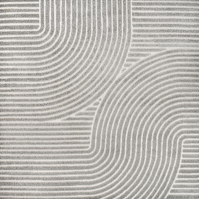 JONATHAN Y Hallie High-Low Curve Gray/Ivory 9x9 Square Indoor/Outdoor Area Rug, Minimalist, Pet Friendly, Non-Shedding, Stain Resistant, Hose-Washable for Backyard, Patio, Porch (SCN100A-9SQ)