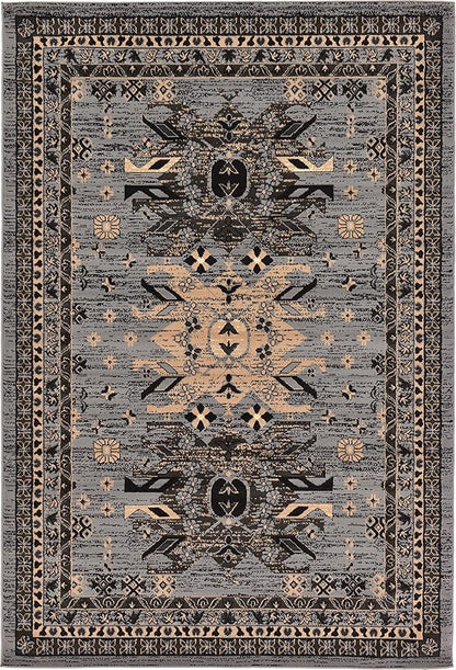 Unique Loom Taftan Collection Border Geometric Tribal Inspired Design Area Rug (6' 0 x 9' 0 Rectangular, Gray/ Black)
