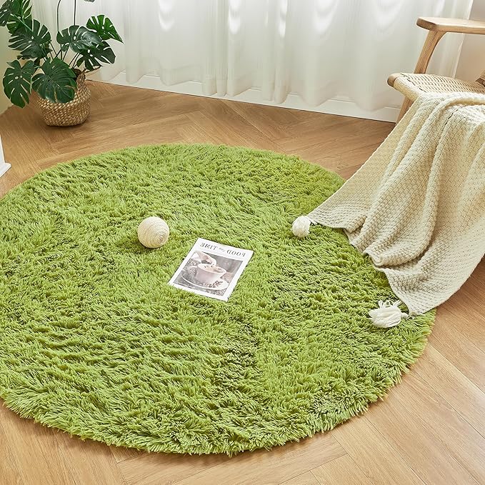Andency Grass Green Round Area Rug 5x5 for Bedroom, Fluffy Shag Circle Rug for Room, Faux Fur Carpet for Home Decor, Fuzzy Plush Circular Rug for Living Room, Playroom