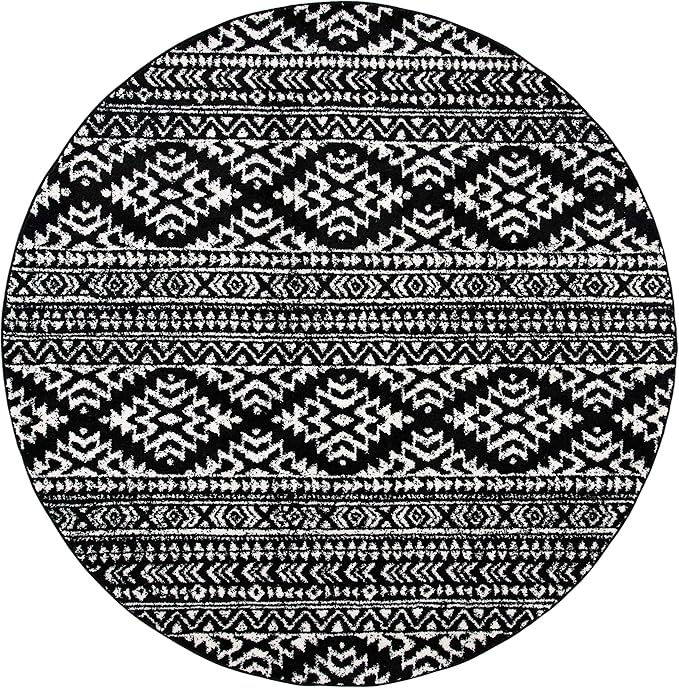 SAFAVIEH Tulum Collection Area Rug - 3' Round, Black & Ivory, Moroccan Boho Tribal Design, Non-Shedding & Easy to Clean, Ideal for Entryway, Foyer, Accent Space, Bedroom (TUL272Z)