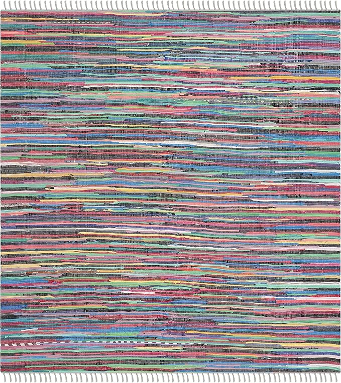 SAFAVIEH Rag Rug Collection Area Rug - 8' Square, Grey & Multi, Handmade Boho Stripe Cotton, Ideal for High Traffic Areas in Living Room, Bedroom (RAR121M)