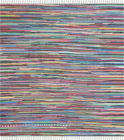SAFAVIEH Rag Rug Collection Area Rug - 4' Square, Grey & Multi, Handmade Boho Stripe Cotton, Ideal for High Traffic Areas in Living Room, Bedroom (RAR121M)