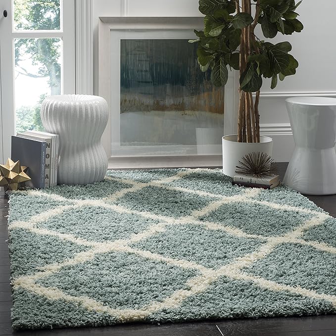 SAFAVIEH Dallas Shag Collection Accent Rug - 4' x 6', Seafoam & Ivory, Trellis Design, Non-Shedding & Easy Care, 1.5-inch Thick Ideal for High Traffic Areas in Entryway, Living Room, Bedroom (SGD257C)