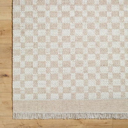 Mark&Day Wool Rugs, 4x6 Clinten Solid and Border Tan Checkered Rug, Tan Ivory Carpet for Living Room, Bedroom or Kitchen (3'6" x 5'6")