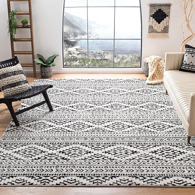 SAFAVIEH Area Rug 9x12 - Tulum Collection - Large - Ivory & Black, Moroccan Boho Tribal Design, Non-Shedding & Easy to Clean, Ideal for Living Room, Bedroom, Dining Space (TUL272B)