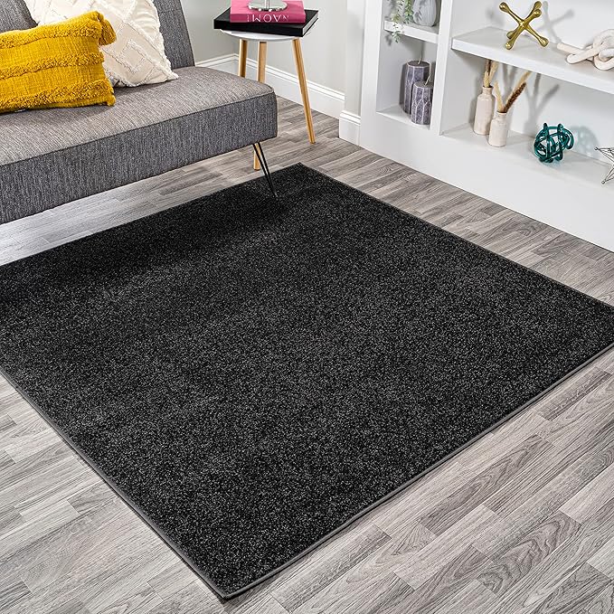 Eyely UES100I-6SQ Supersoft Haze Solid Low-Pile Indoor Area Rug, Coastal, Bohemian, Minimalist, Classic, Casual for Bedroom,Kitchen,Living Room,Non Shedding,Easy-Washing, Black, 6' Square