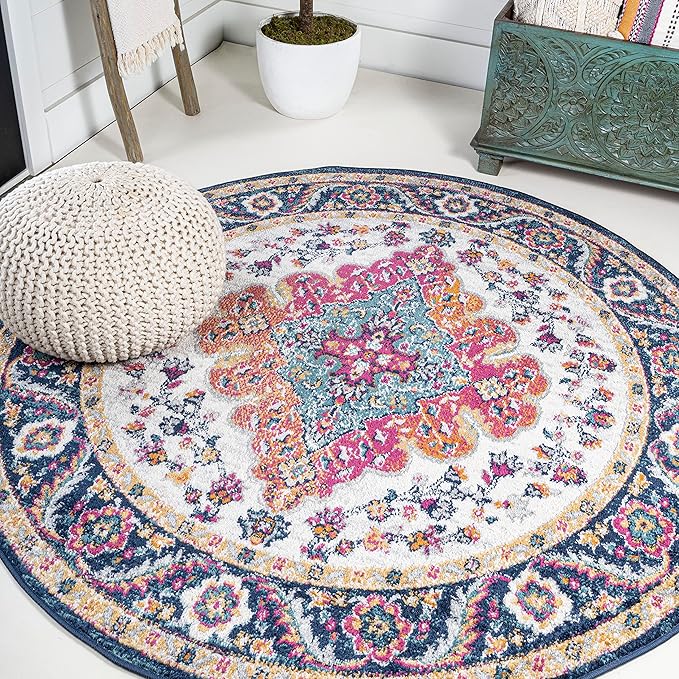 JONATHAN Y Boho Vintage Blue/Multi 3' Round Area Rug, Bohemian Flair Medallion, Floral Easy-Cleaning High Traffic for Living Room, Bedroom, Kitchen, Pet-Friendly, Non Shedding (BMF106A-3R)