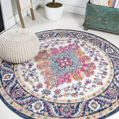 JONATHAN Y Boho Vintage Blue/Multi 7' Round Area Rug, Bohemian Flair Medallion, Floral Easy-Cleaning High Traffic for Living Room, Bedroom, Kitchen, Pet-Friendly, Non Shedding (BMF106A-7R)