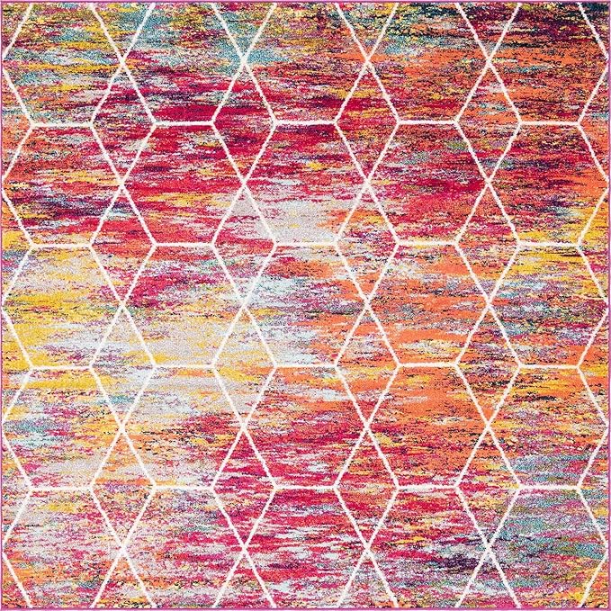 Unique Loom Trellis Frieze Collection Area Rug - Geometric (7' 10" Square, Multi/ Ivory)