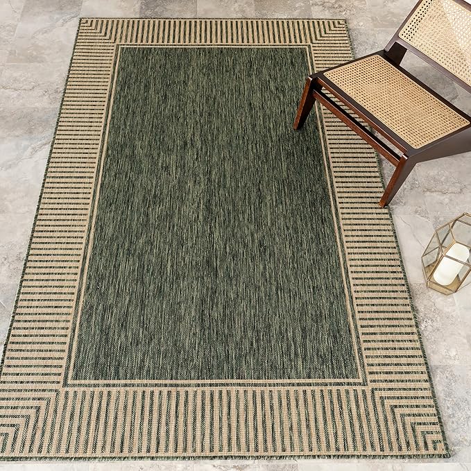 Nuloom Asha Green/Brown, 4' x 6', Casual, Striped Border, Soft and Cozy, High Traffic, Stain Resistant, Easy Clean, Durable Area Rug for Indoor/Outdoor Patio, Deck, Porch, Garden, Courtyard