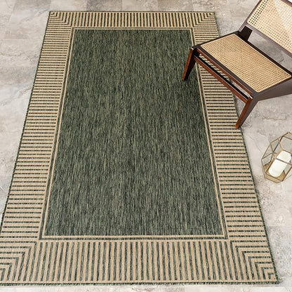 Nuloom Asha Green/Brown, 9'6" x 12', Casual, Striped Border, Soft and Cozy, High Traffic, Stain Resistant, Easy Clean, Durable Area Rug for Indoor/Outdoor Patio, Deck, Porch, Garden, Courtyard