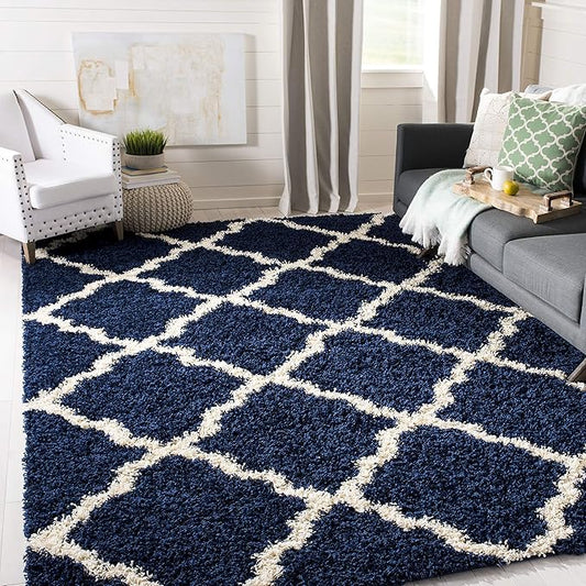 SAFAVIEH Dallas Shag Collection Area Rug - 4' Square, Navy & Ivory, Trellis Design, Non-Shedding & Easy Care, 1.5-inch Thick Ideal for High Traffic Areas in Living Room, Bedroom (SGD257N)