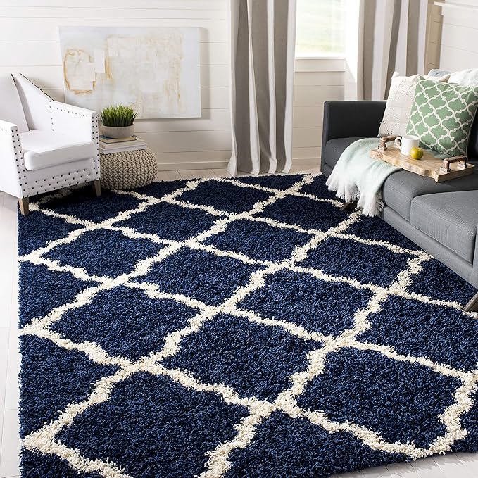 SAFAVIEH Dallas Shag Collection Accent Rug - 3' x 5', Navy & Ivory, Trellis Design, Non-Shedding & Easy Care, 1.5-inch Thick Ideal for High Traffic Areas in Entryway, Living Room, Bedroom (SGD257N)