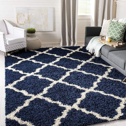 SAFAVIEH Dallas Shag Collection Area Rug - 6' x 9', Navy & Ivory, Trellis Design, Non-Shedding & Easy Care, 1.5-inch Thick Ideal for High Traffic Areas in Living Room, Bedroom (SGD257N)
