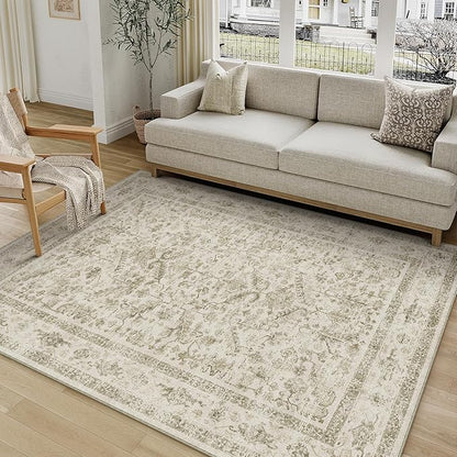 Taupe 5x7 Area Rug Vintage Washable Living Room Carpet Non Slip Bedroom Indoor Office Low Pile Traditional Distressed Retro Accent Rug for Dining Room Bathroom Kitchen
