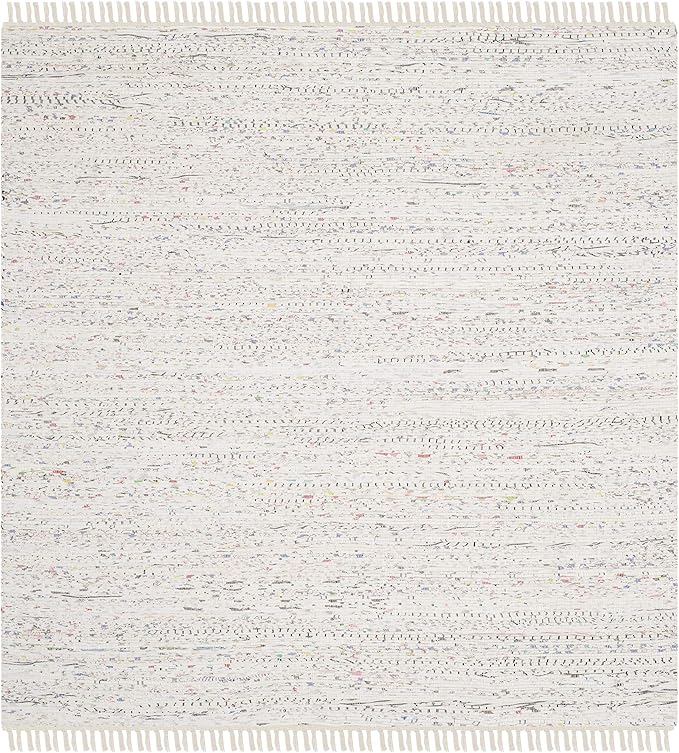 SAFAVIEH Rag Rug Collection Area Rug - 6' Square, Ivory & Multi, Handmade Boho Stripe Cotton, Ideal for High Traffic Areas in Living Room, Bedroom (RAR121G)
