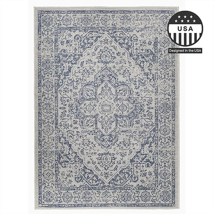 FH Home Flat Woven Outdoor Rug - Waterproof, Easy to Clean, Stain Resistant - Premium Polypropylene Yarn - Vintage - Patio, Deck, Porch,Balcony - Ankara - Distressed Blue - 3ft 11in x 5ft 6in