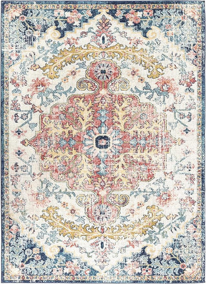 Livabliss Area Rugs - 5x7 Odelia Vintage Boho Aqua Burgandy Blue Area Rug for Living Room Bedroom - Floral Medallion Stain Resistant Carpet for Kitchen, Nursery, Office (5'3" x 7'3")