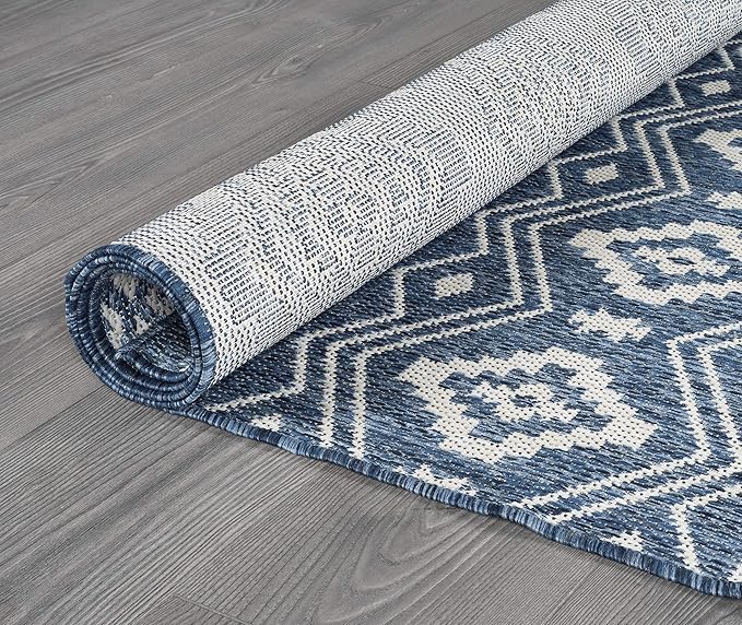 Beverly Rug Waikiki Boho Indoor Outdoor Rug 8x10, Washable Outside Carpet for Patio, Deck, Porch, Bohemian Area Rug, Farmhouse Rugs, Aztec Tribal Rug, Azure and White