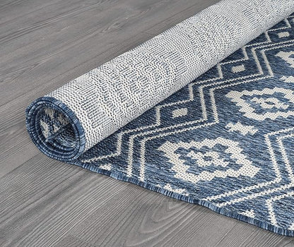 Beverly Rug Waikiki Boho Indoor Outdoor Rug 8x10, Washable Outside Carpet for Patio, Deck, Porch, Bohemian Area Rug, Farmhouse Rugs, Aztec Tribal Rug, Azure and White