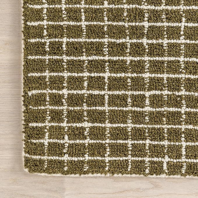 Rugs USA 9'6" x 13'6" Melrose Checked Wool Indoor Area Rug, Contemporary Farmhouse Moss/Ivory for Living Room, Bedroom, Office, Entryway, Hallway