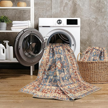 GLN Rugs Traditional Collection - Machine Washable Area Rug, Traditional Washable, Non Slip, Low Pile Chenille Rug, Living Room, Bedroom, Kitchen Rug (4' x 6' Terra/Slate Blue)