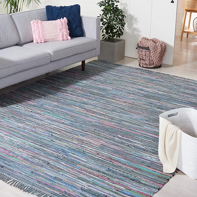 SAFAVIEH Rag Rug Collection Area Rug - 10' x 14', Aqua & Multi, Handmade Boho Stripe Cotton, Ideal for High Traffic Areas in Living Room, Bedroom (RAR121K)