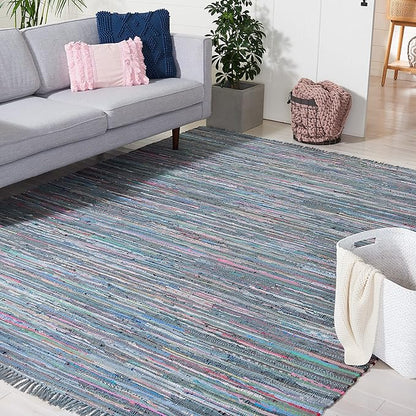 SAFAVIEH Rag Rug Collection Area Rug - 10' x 14', Aqua & Multi, Handmade Boho Stripe Cotton, Ideal for High Traffic Areas in Living Room, Bedroom (RAR121K)